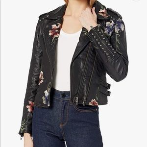 Blank NYC Moto leather jacket with floral patches and studs